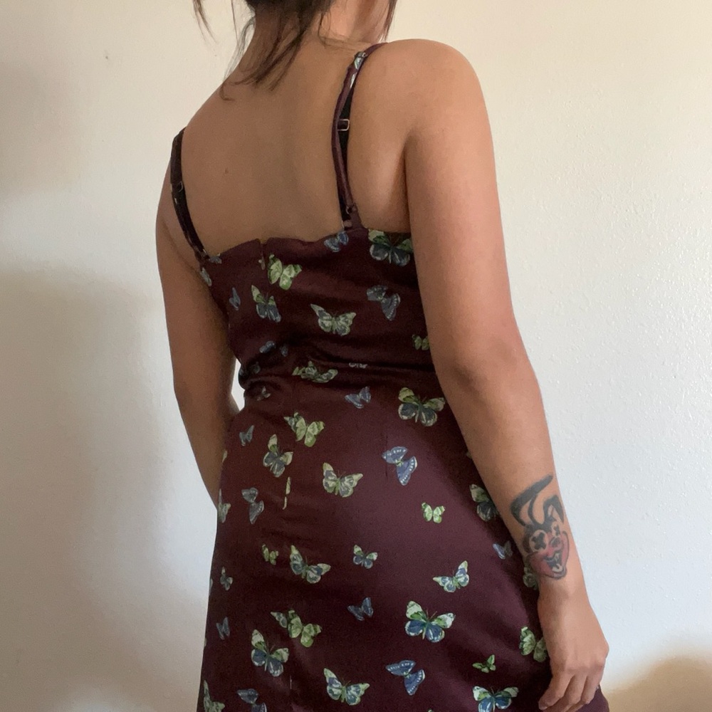 Urban Outfitters Brown Silk Slip Dress with Green Butterfly Pattern - Picture 3 of 3